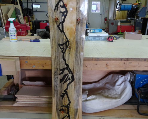 For Beau B. 156 Tri-Arc Swallowtail with house-made Whitebark pine veneer and custom "Teton" graphic and Whitebark source GPS